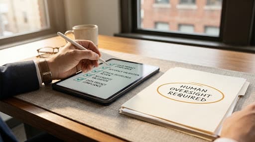 Hand with pen reviewing an AI evaluation checklist on a tablet