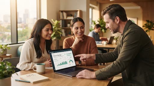 Team reviewing AI-suggested output together at a laptop